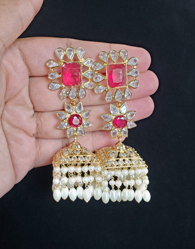 PREORDER Long Polki Jhumkas With Pearl Tassels Ruby D1