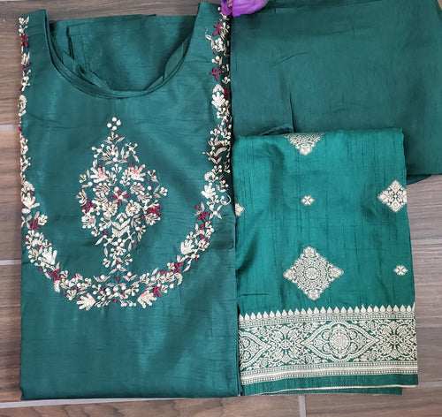 Samatha G(L) Bottle Green Embroidery Dola Silk Straight Cut Kurta Set TP