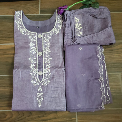 Purple Pearl Embroidery Dola Silk Straight Cut Kurta Set TP
