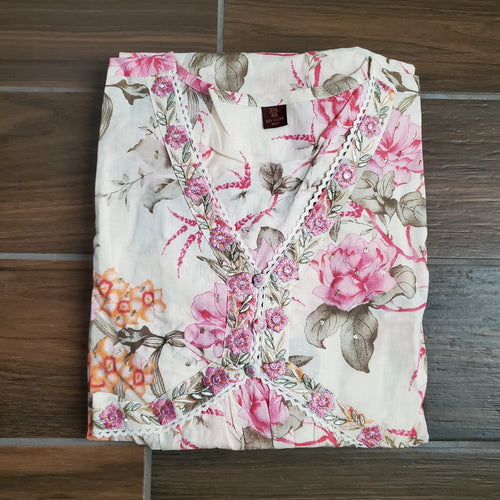 Beige Floral Muslin Cotton 3 Pc Set TP04