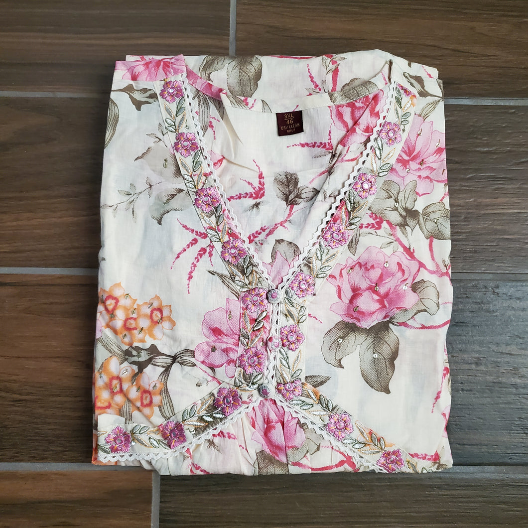 Beige Floral Muslin Cotton 3 Pc Set TP04