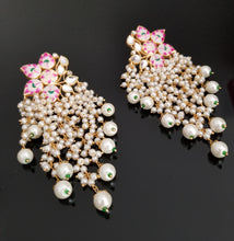 Load image into Gallery viewer, Reserved for Sandhya, Preethi J and Keerthi Swetha Long Meenakari Flower Earrings With Pearl Clusters