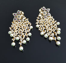 Load image into Gallery viewer, Long Meenakari Flower Earrings With Pearl Clusters