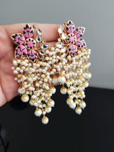 Load image into Gallery viewer, Reserved For Likhita P and Anusha Alurwar Long Meenakari Flower Earrings With Pearl Clusters