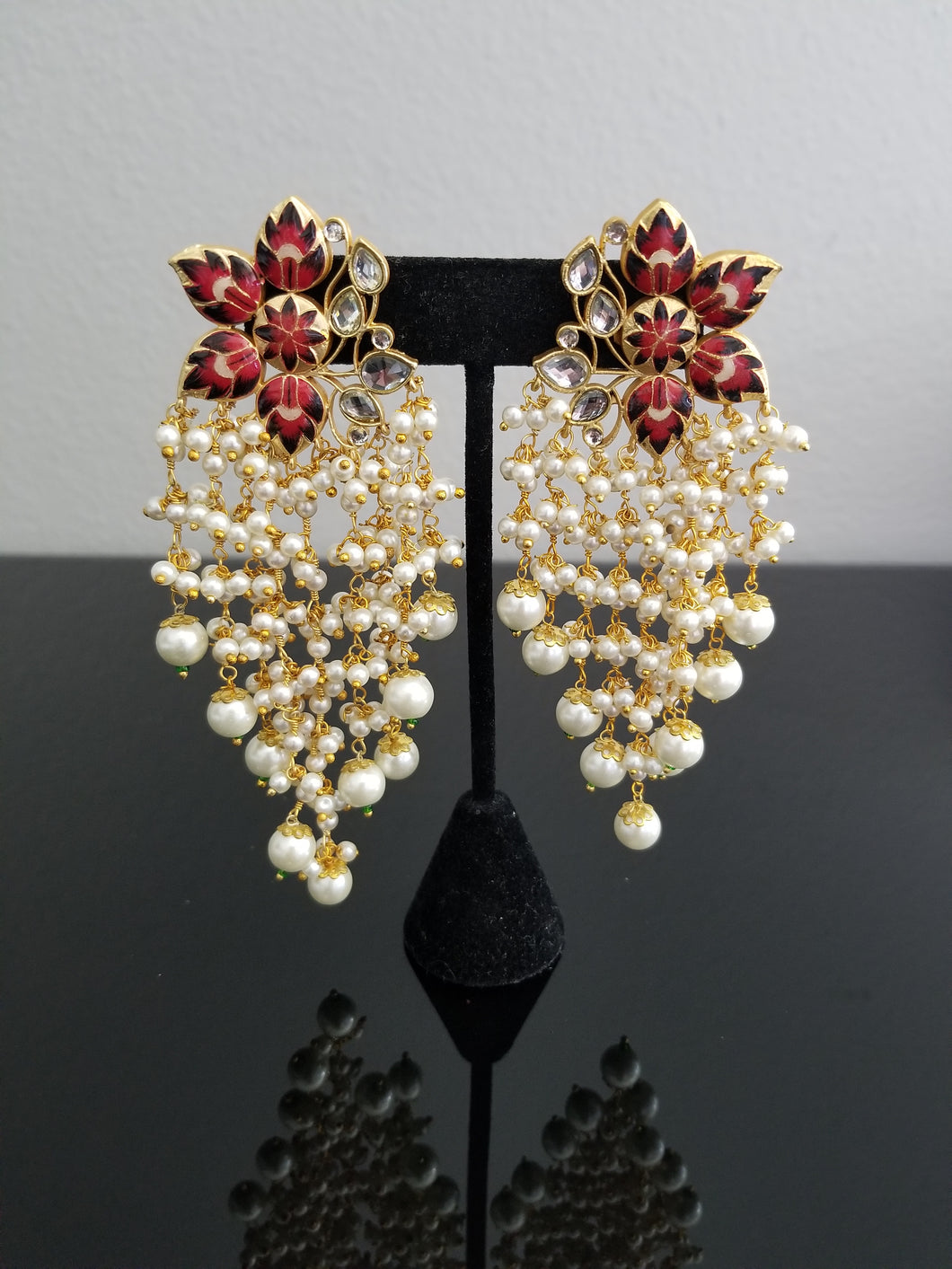 Long Meenakari Flower Earrings With Pearl Clusters