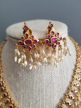 Load image into Gallery viewer, South indian style guttapusalu necklace set with kemp stones
