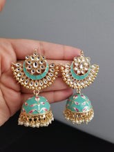Load image into Gallery viewer, Sowmya Ch Indo Western Jhumkis With Gold Plating Aqua H25
