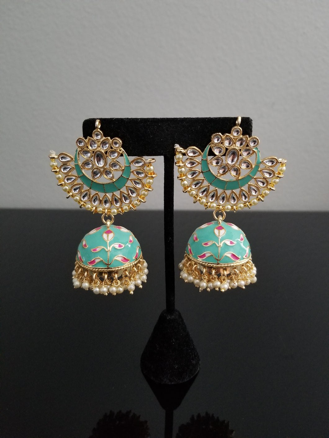 Sowmya Ch Indo Western Jhumkis With Gold Plating Aqua H25