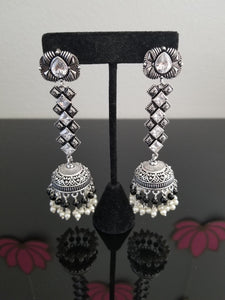 Indo Western Long Earring With Oxidised Plating Black-white