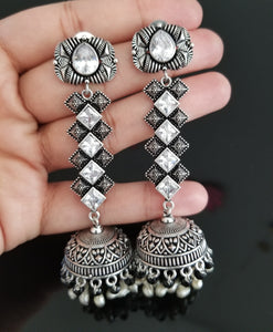 Indo Western Long Earring With Oxidised Plating Black-white