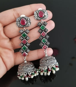 Anusha Ch, Sowmya Ch and Manasa Reddy Indo Western Long Earring With Oxidised Plating Multi H24