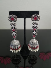 Load image into Gallery viewer, Prathyu Chaitanya and Haritha Dasari Indo Western Long Earring With Oxidised Plating H24 Ruby White