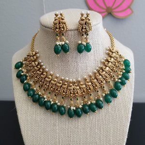 Gold Finish Peacock Necklace Set With Beads