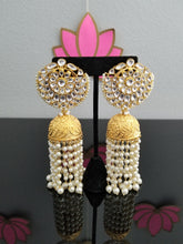 Load image into Gallery viewer, Gold Finish Long Kundan Jhumkas With Pearl Tassels SR27