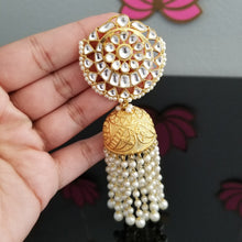 Load image into Gallery viewer, Gold Finish Long Kundan Jhumkas With Pearl Tassels SR27