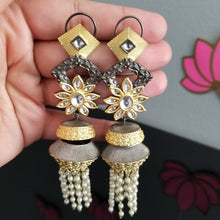 Load image into Gallery viewer, Long Silver Foiled Pearl Tassel Kundan Jhumkas With Dual Plating