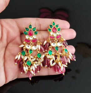 Ahemdabadi Kundan Rice Pearls Earrings With Hard Gold Plating 22117