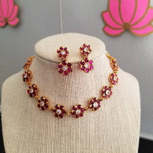 Reserved For Manasa Flower Design Kemp Necklace With Orange Matte Gold Finish