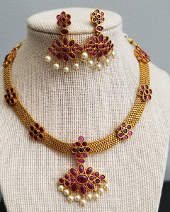 South Indian Traditional Kemp Stone Necklace Set With Orange Gold Finish JT14