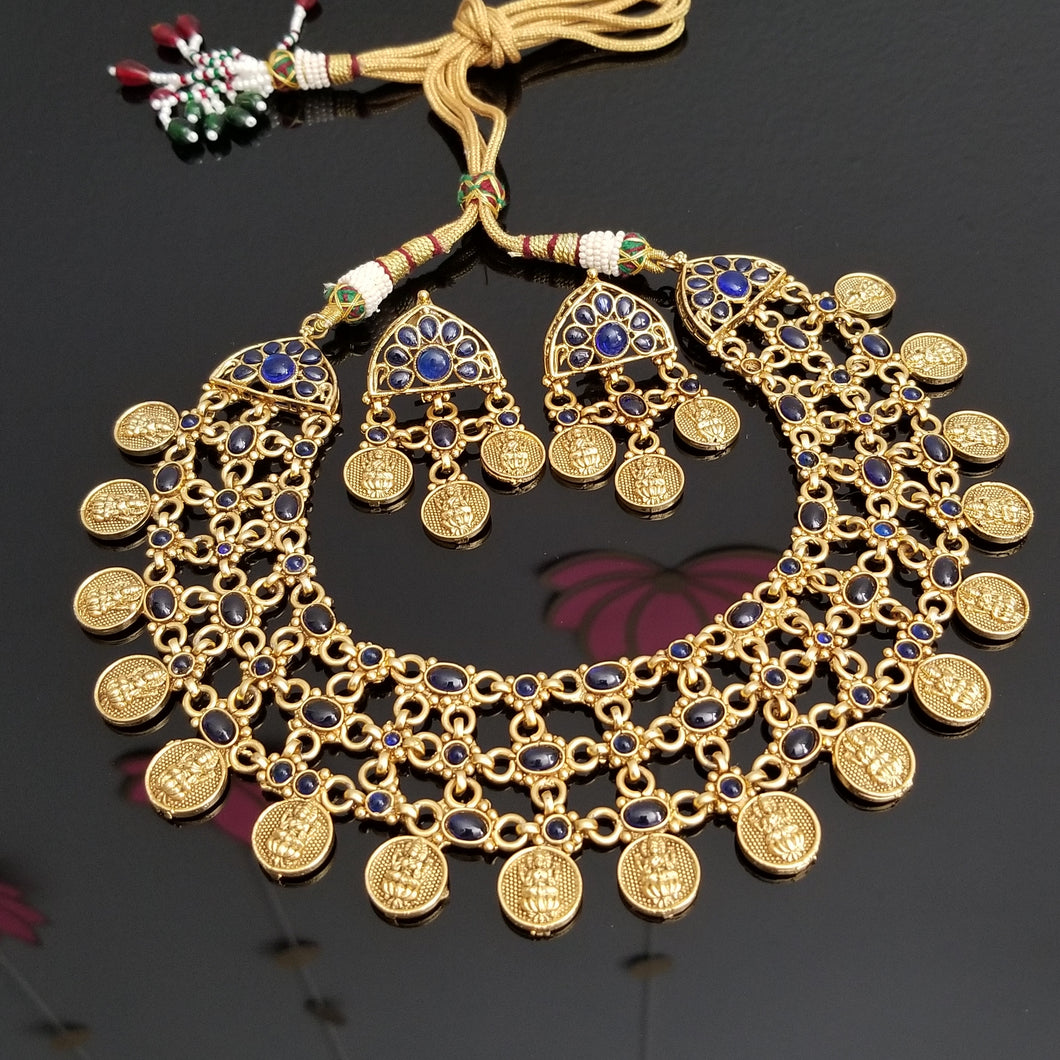 Reserved For Sandhya P Antique Mesh Style Navratna Necklace Set With Lakshmi Kasu Charms BT6