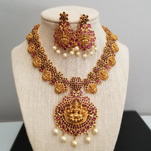 South Indian Traditional Kemp Stone Necklace Set With Matte Gold Finish JT15