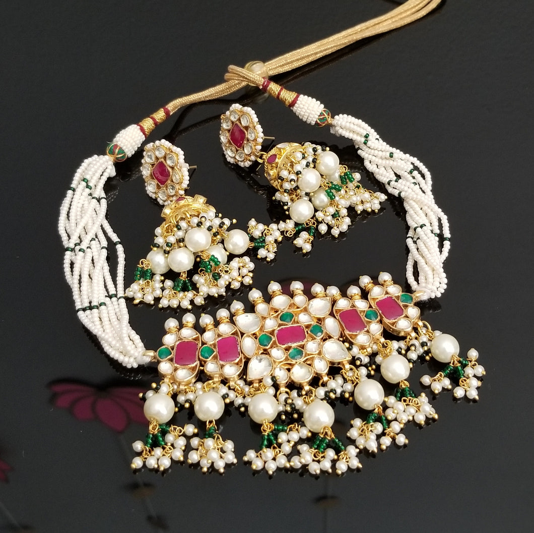 Ahemdabadi Kundan Hard Gold Plated Pearl Necklace Set BT28