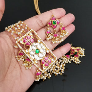 Ahemdabadi Kundan Hard Gold Plated Pearl Necklace Set