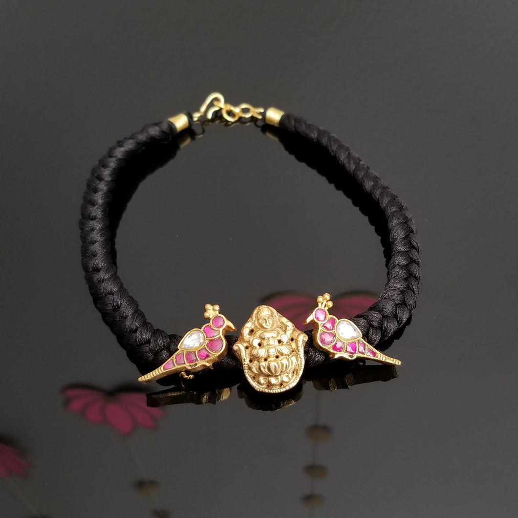 Hard Gold Plated Kundan Bird Design Thread Necklace With Lakshmi Charm