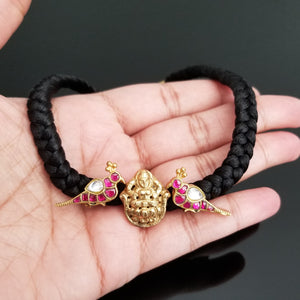 Hard Gold Plated Kundan Bird Design Thread Necklace With Lakshmi Charm