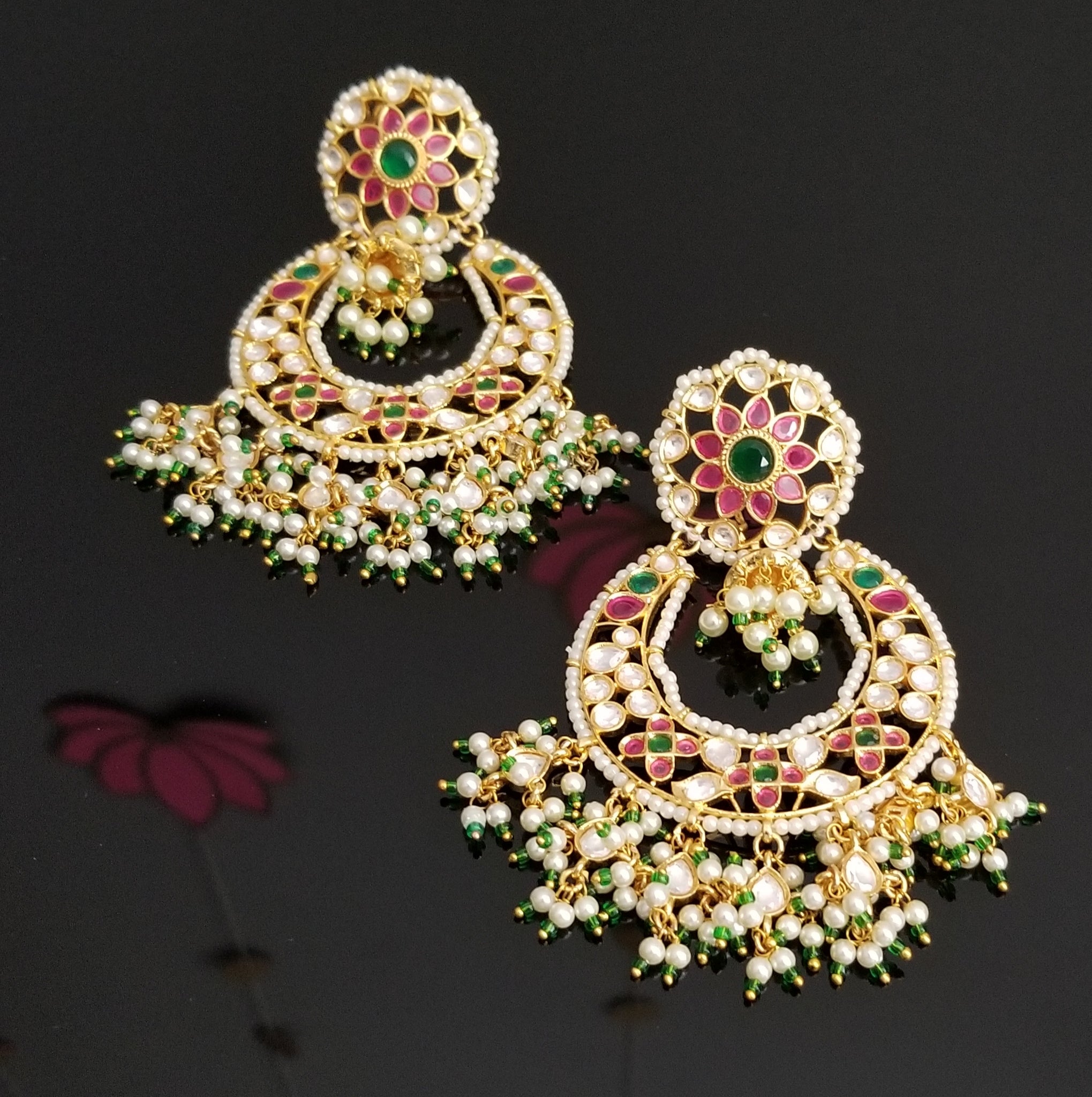 Buy Chandelair Earring, Chand Bali 22K Gold With Diamond Polki Slices,  Treated Ruby Slices and Pearls, We Can Customize This for You Online in  India - Etsy | Chand bali earrings gold,