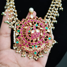Load image into Gallery viewer, Reserved For Aruna Sekhar P Hard Gold Plated Kundan Peacock Pendant With Pearls Maala