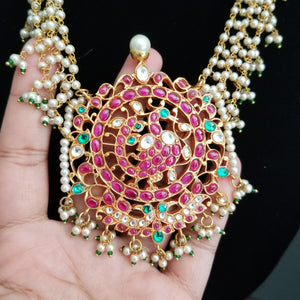 Reserved For Aruna Sekhar P Hard Gold Plated Kundan Peacock Pendant With Pearls Maala