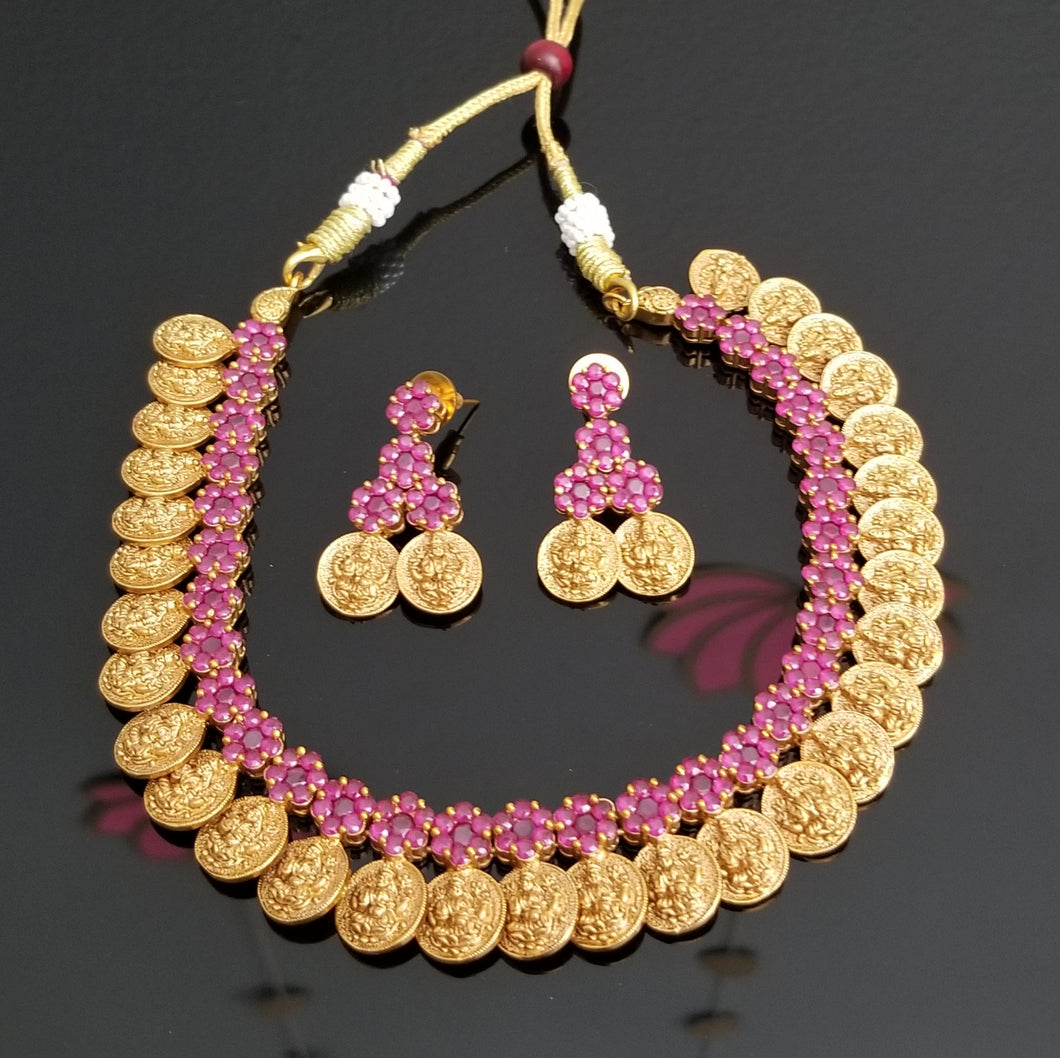 Traditional Kasu Necklace Set With AD Stones FL19