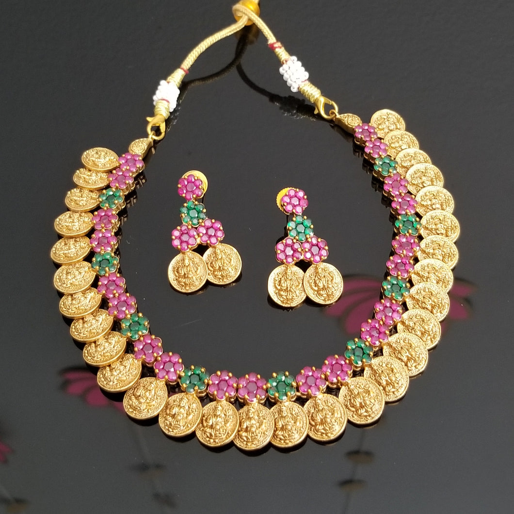 Traditional Kasu Necklace Set With AD Stones FL19