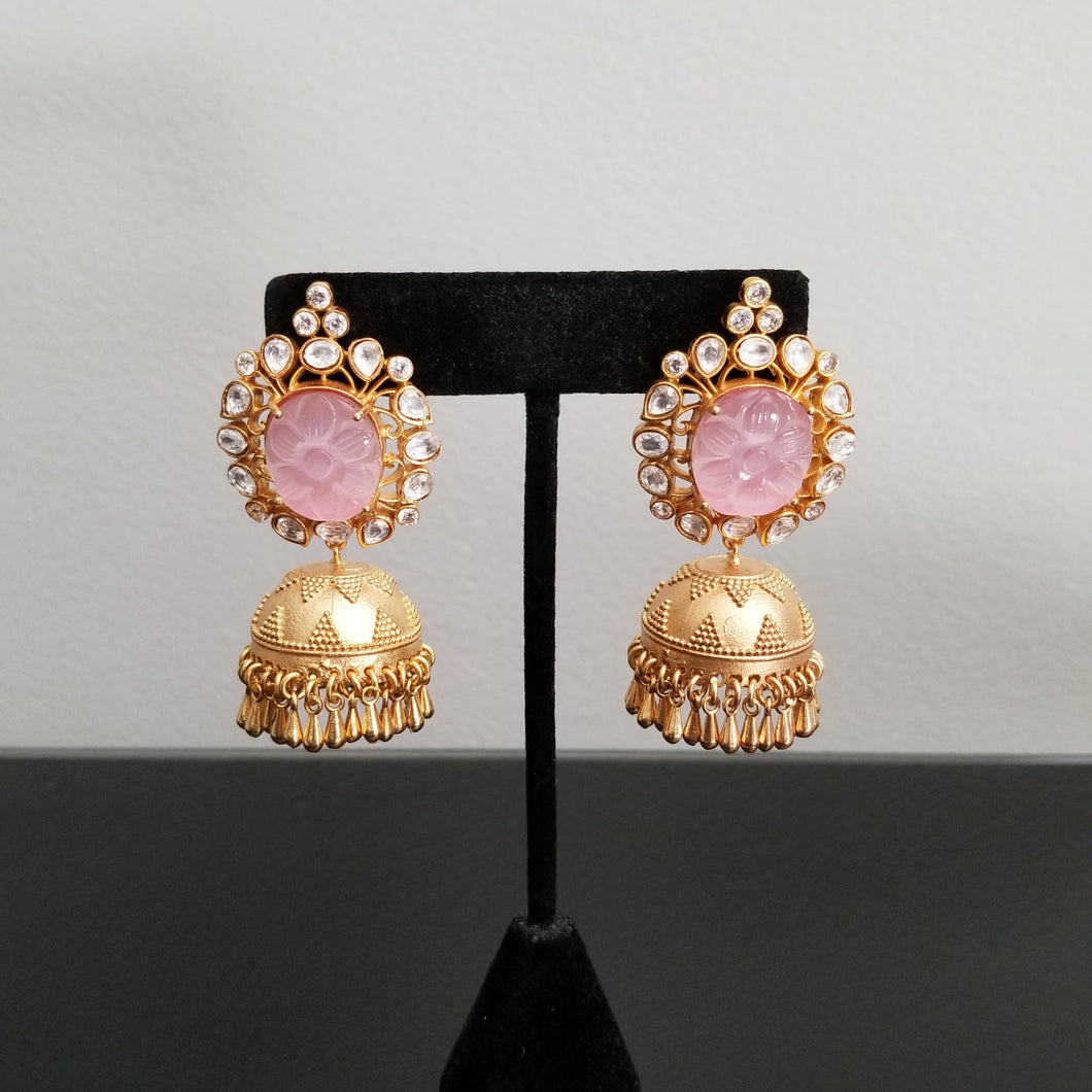 Revathi NJ and Suneetha K Fusion Style Jhumkas With Carved Stone SB29 Pink
