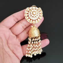 Load image into Gallery viewer, Gold Finish Long Kundan Jhumkas With Pearl Tassels