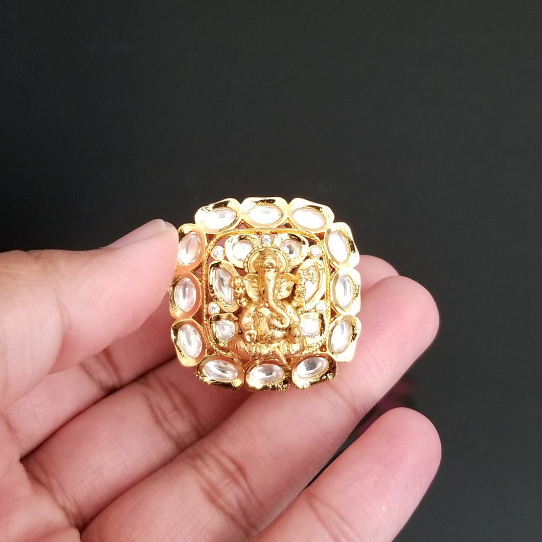 Kundan Adjustable Ganesha Ring