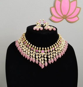 Pink Pearl Tassels Kundan Necklace Set