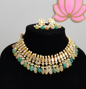 Kundan Mother of Pearl Necklace Set With Pastel Bead Drops