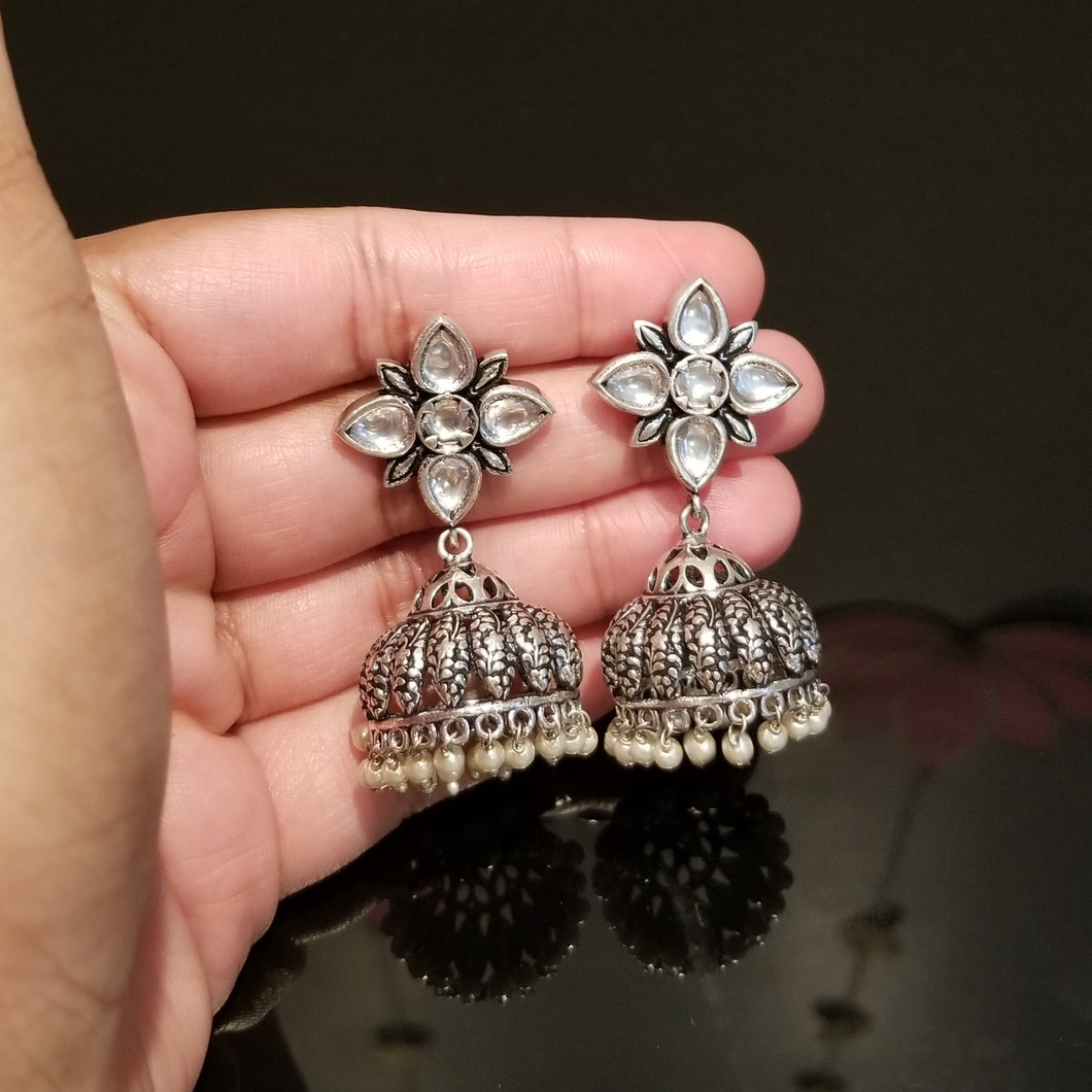 Reserved For Nagini M Fusion Style Kundan Jhumkas In Silver Finish
