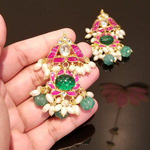 Ahemdabadi Kundan Rice Pearls Earrings With Hard Gold Plating