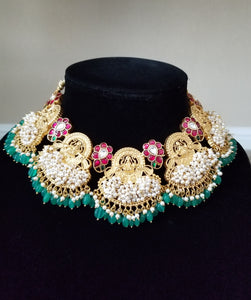 Pearl Cluster Kundan Jadau Lakshmi Necklace With Gold Palting