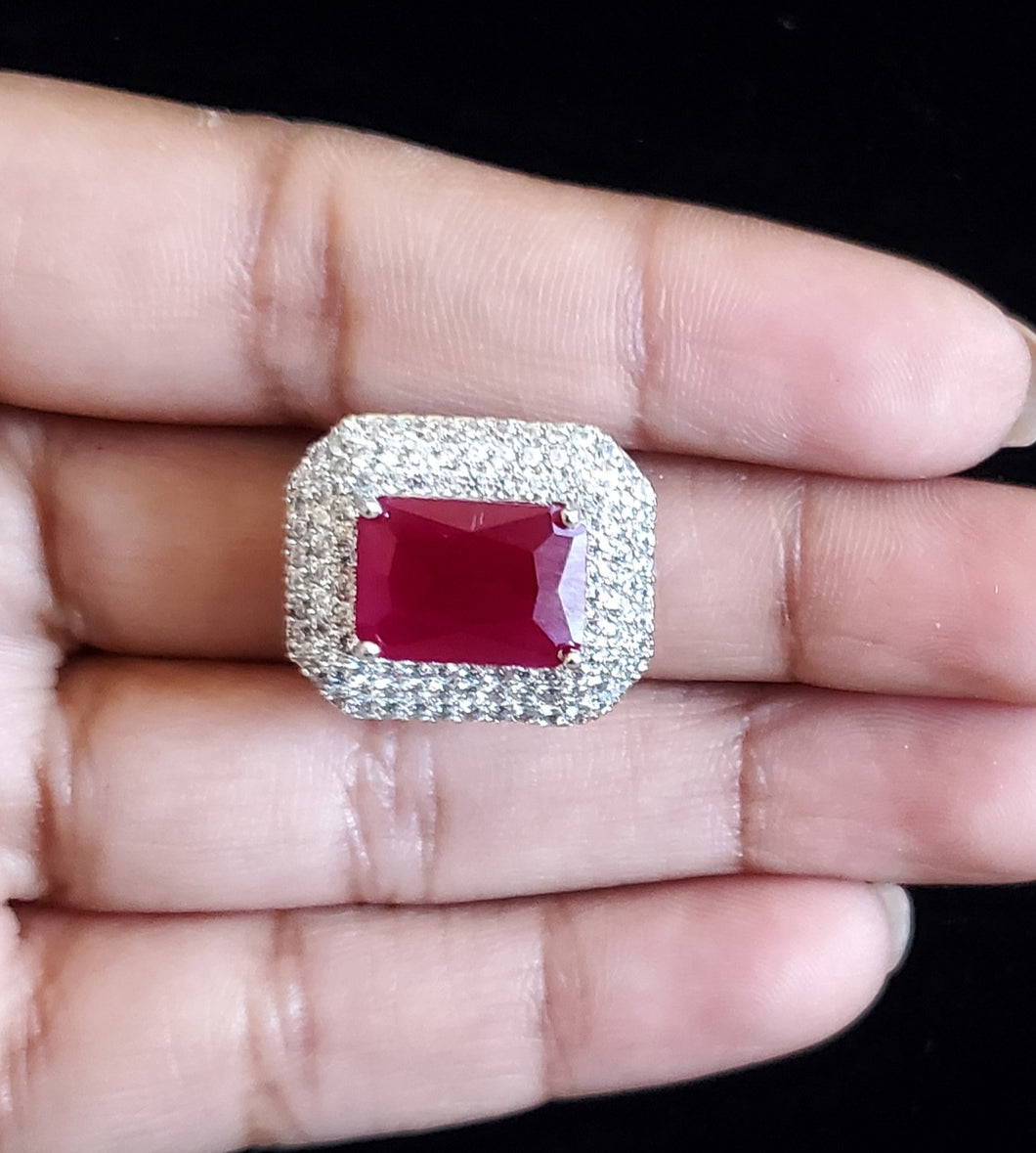 Cz Classic Ring With Rhodium Plating HL17 Ruby