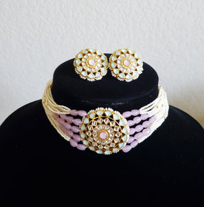 Hard Gold Plated Kundan Pearl Choker Set With Pastel Beads