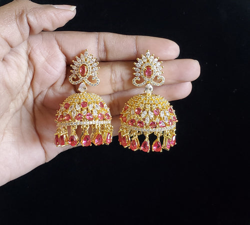 Cz Jhumkis With Gold Plating NV18 Ruby