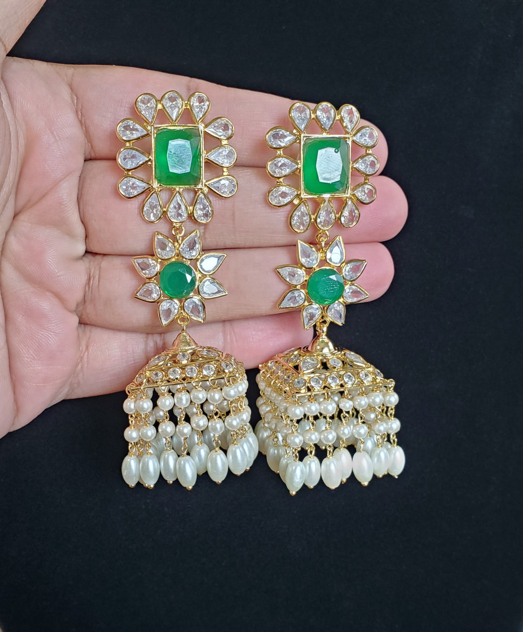 PREORDER Long Polki Jhumkas With Pearl Tassels Green D1