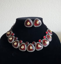 Load image into Gallery viewer, Fusion Style Pachi Kundan AD Choker With Oxidised Polish Ruby Red
