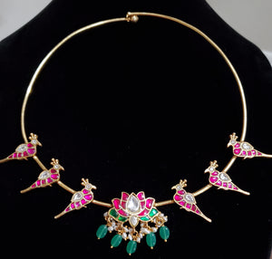 Jadau Kundan Hasli With Lotus and Peacock Charm Pendants