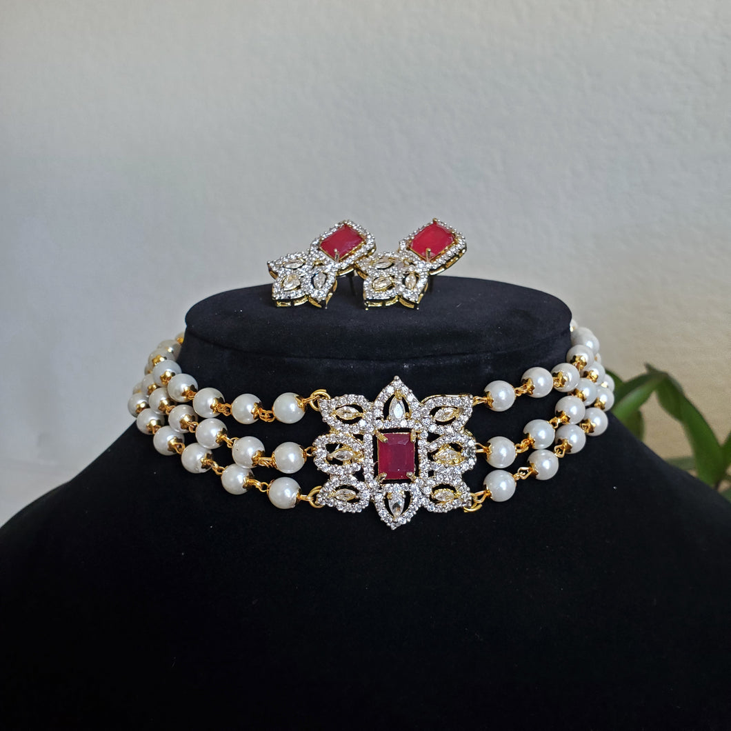 CZ Pendant Pearl Choker Set