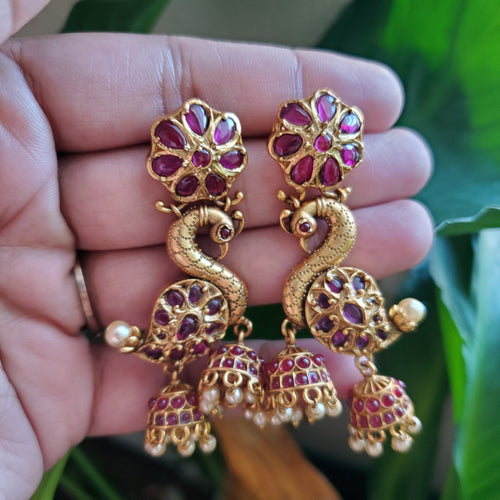 Antique Peacock Earring With Matte Gold Plating